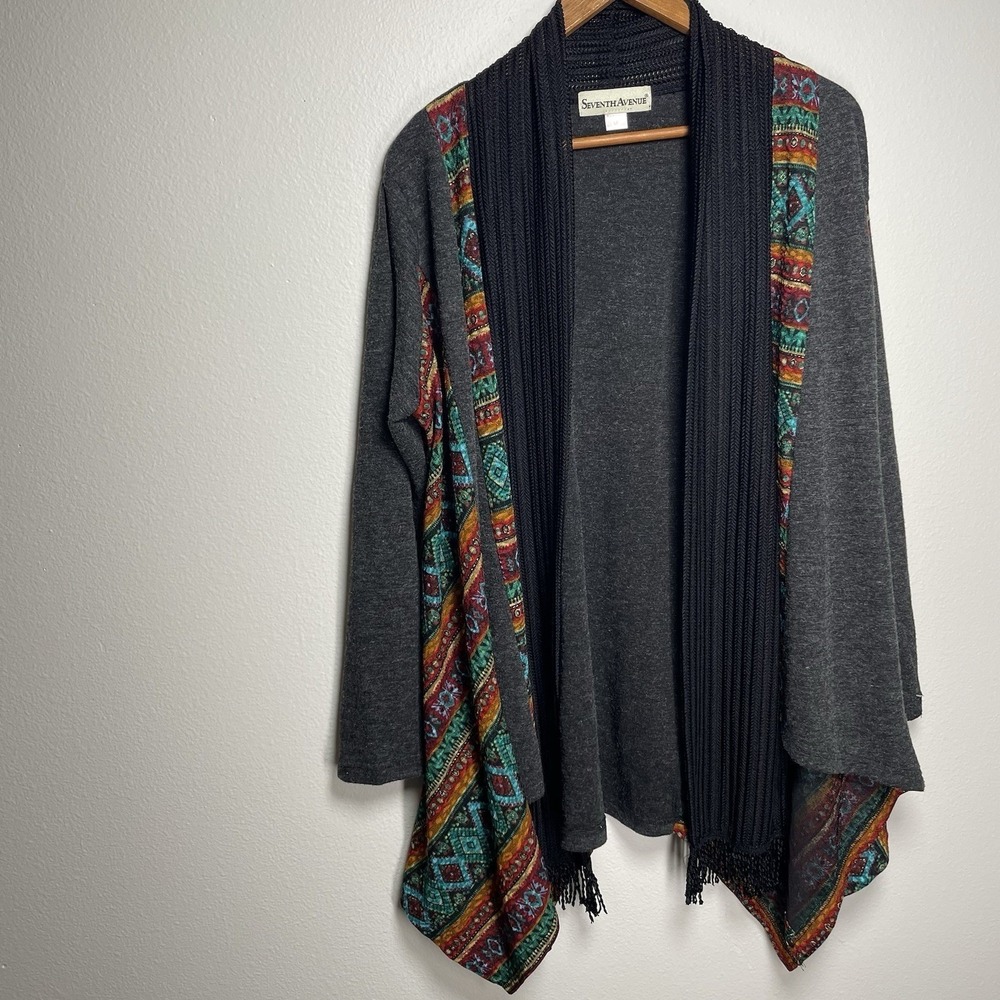 Seventh Avenue Women M Gray Cardigan Boho Southwestern Open Front Acrylic Blend